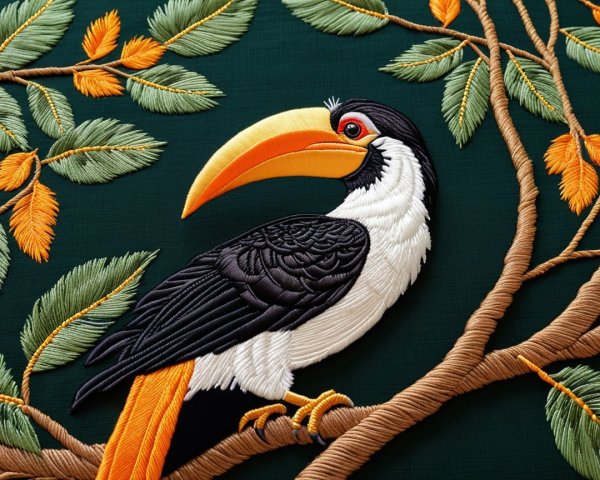 Embroidery of a toucan on a tree branch with leaves