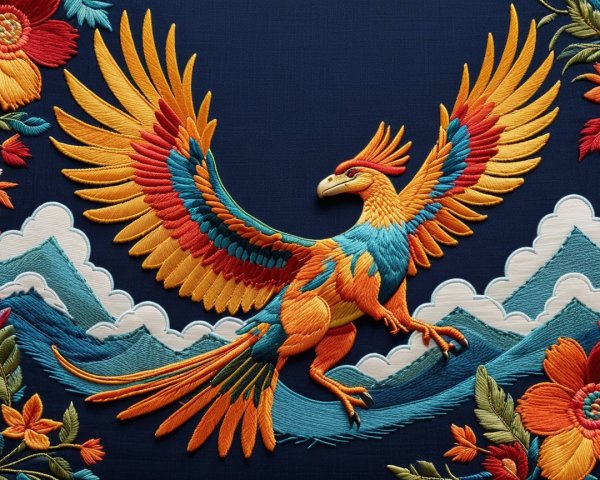 Vibrant Embroidered Phoenix Amidst Mountains and Flowers