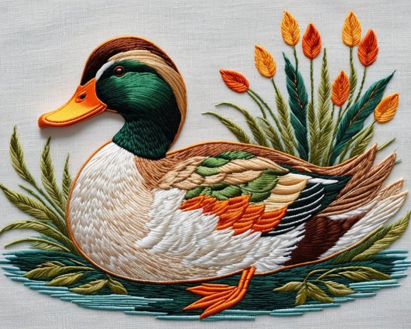 Embroidery Artwork of a Mallard Duck with Flowers