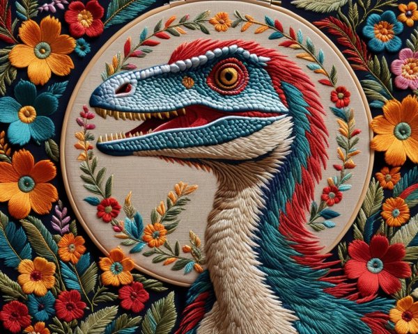 Vibrant Embroidered Artwork of a Colorful Dinosaur Head