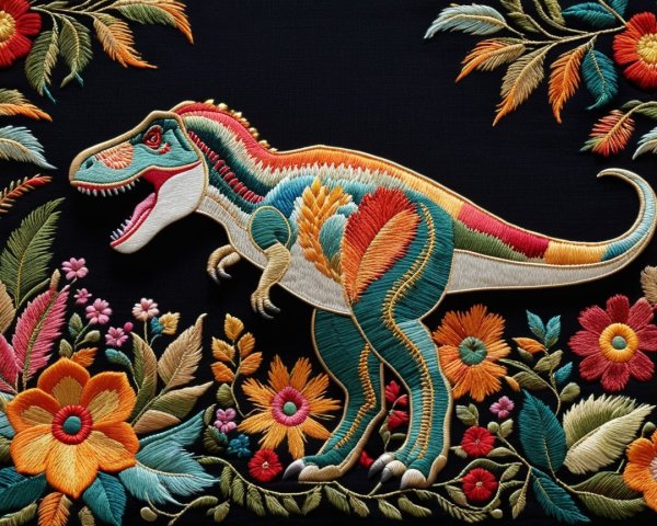 Colorful Dinosaur Embroidery with Floral Background