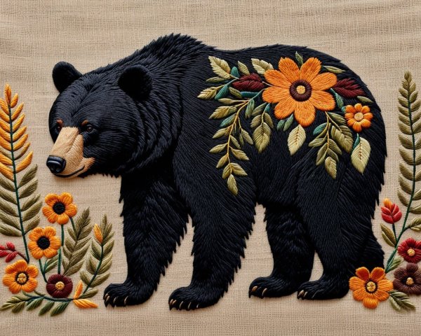 Embroidery of a bear with floral details in profile