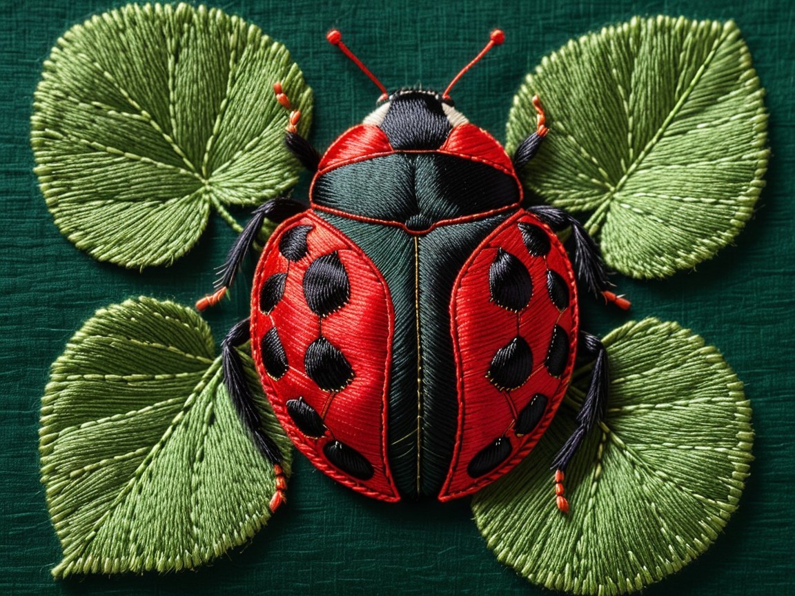 Embroidery of a ladybug with vibrant colors and leaves