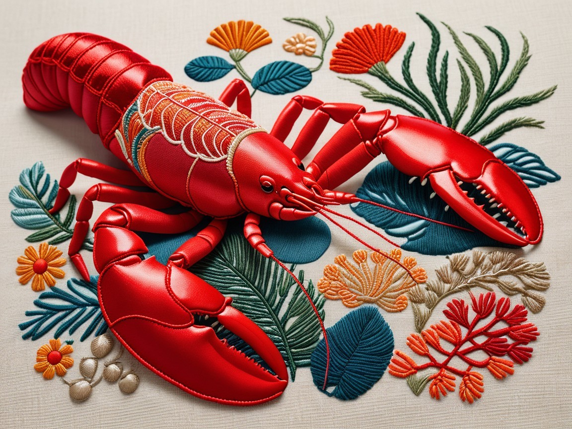 Detailed Embroidery of a Red Lobster with Floral Patterns
