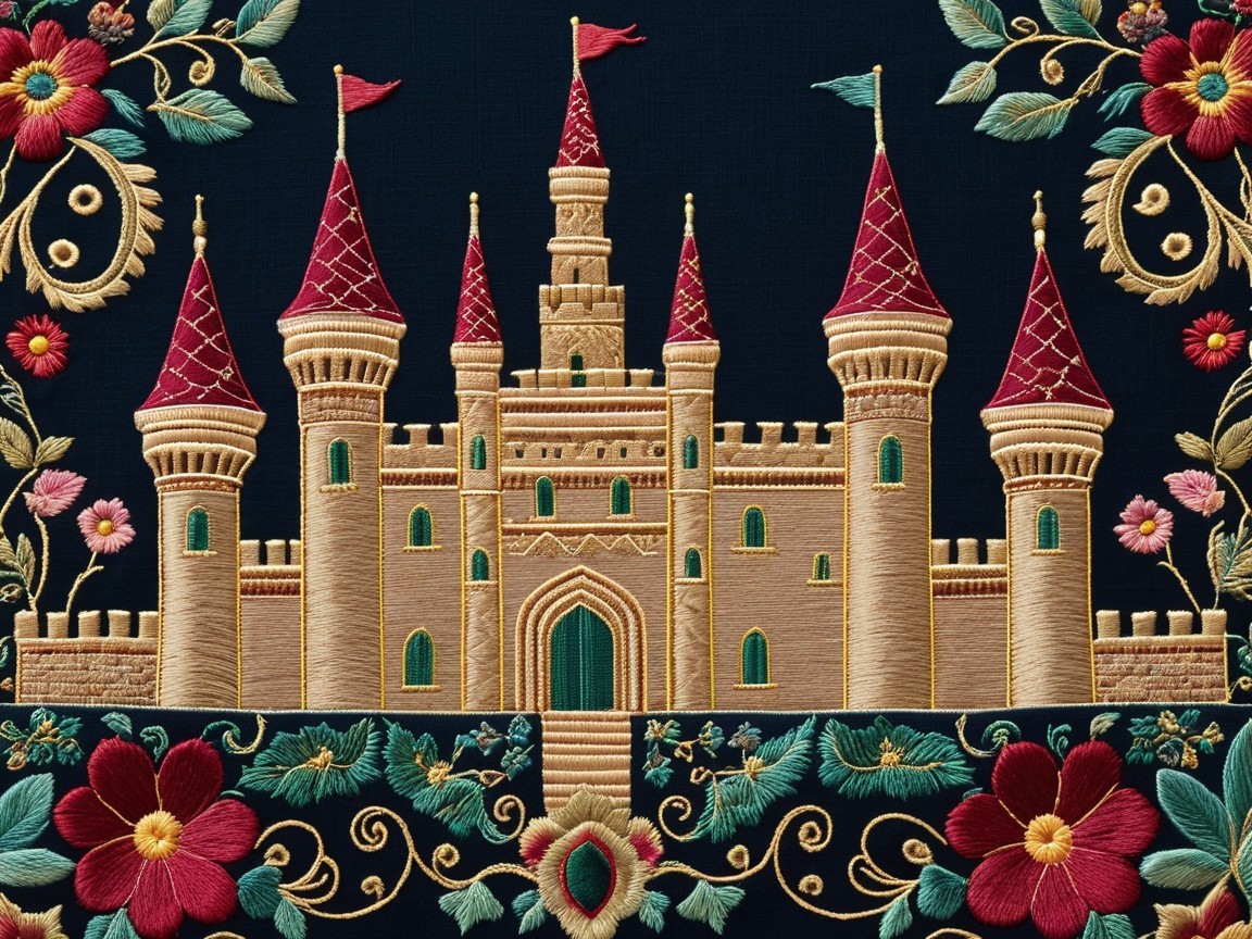Detailed Embroidery of a Grand Castle with Floral Patterns