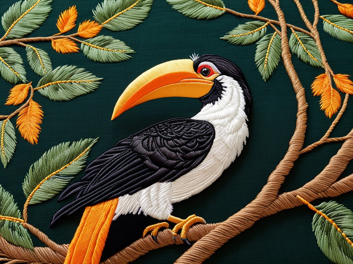 Embroidery of a toucan on a tree branch with leaves