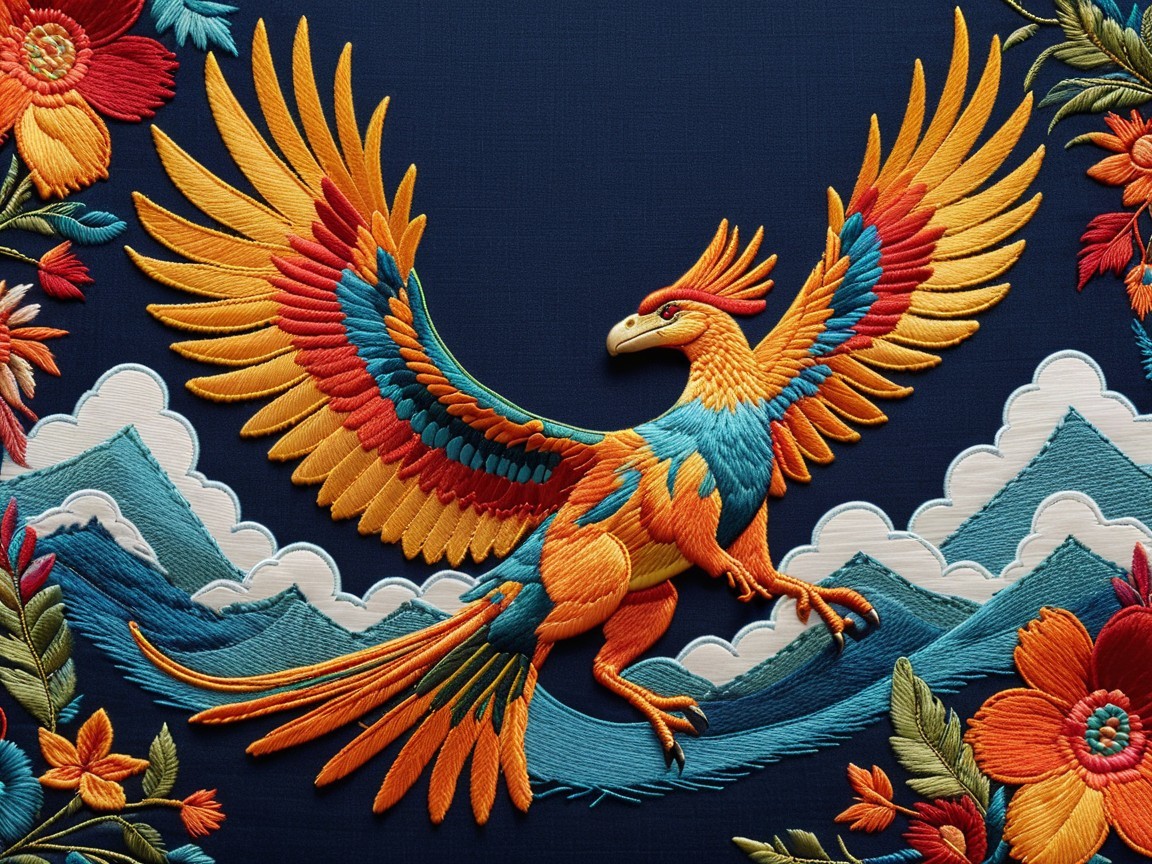 Vibrant Embroidered Phoenix Amidst Mountains and Flowers
