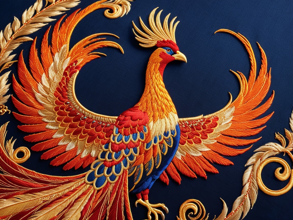 Vibrant Phoenix Embroidery in Fiery Colors and Detail