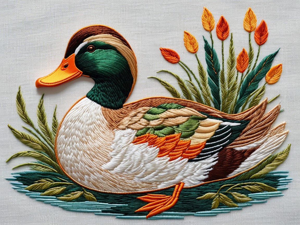 Embroidery Artwork of a Mallard Duck with Flowers