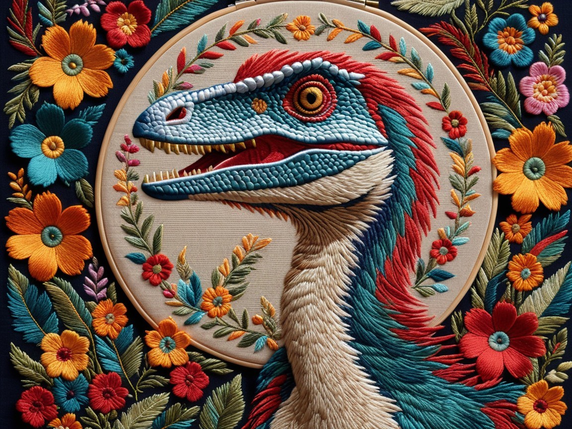 Vibrant Embroidered Artwork of a Colorful Dinosaur Head