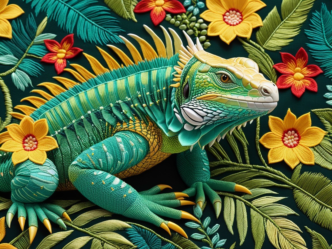 Embroidered Iguana on Dark Green Floral Background
