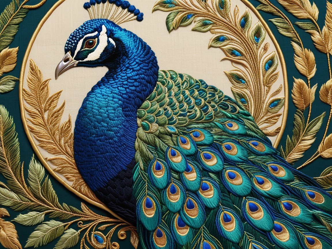 Embroidered Peacock with Vibrant Colors and Details