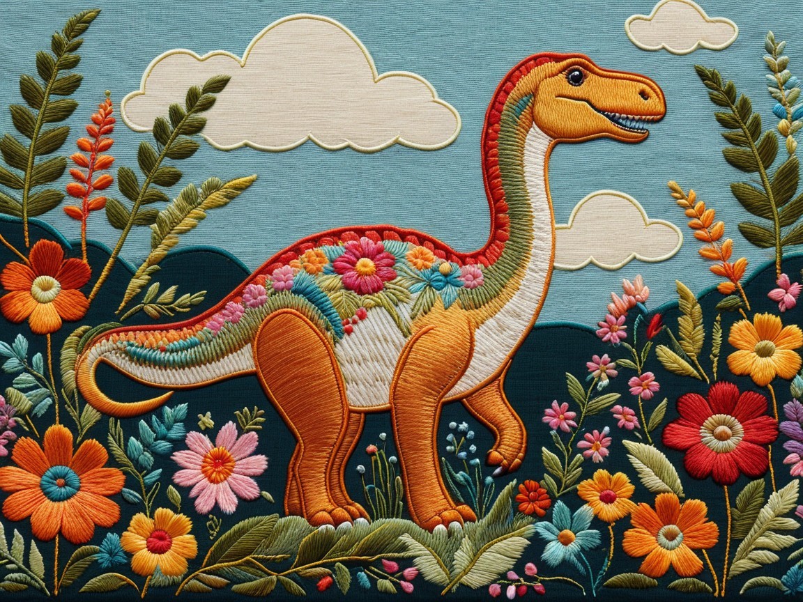Whimsical Dinosaur Embroidery with Floral Designs