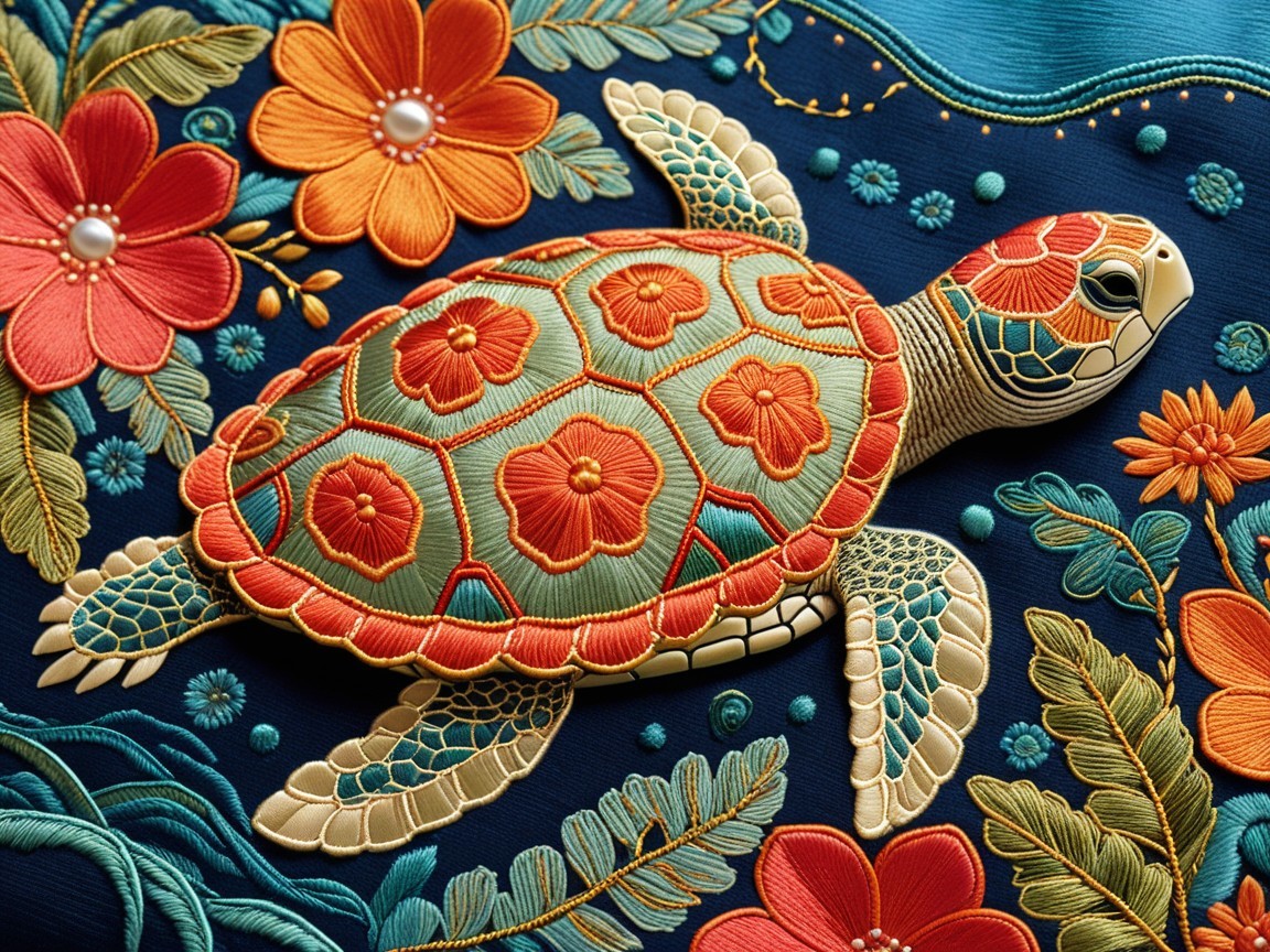 Embroidered Turtle with Floral Patterns on Blue Background