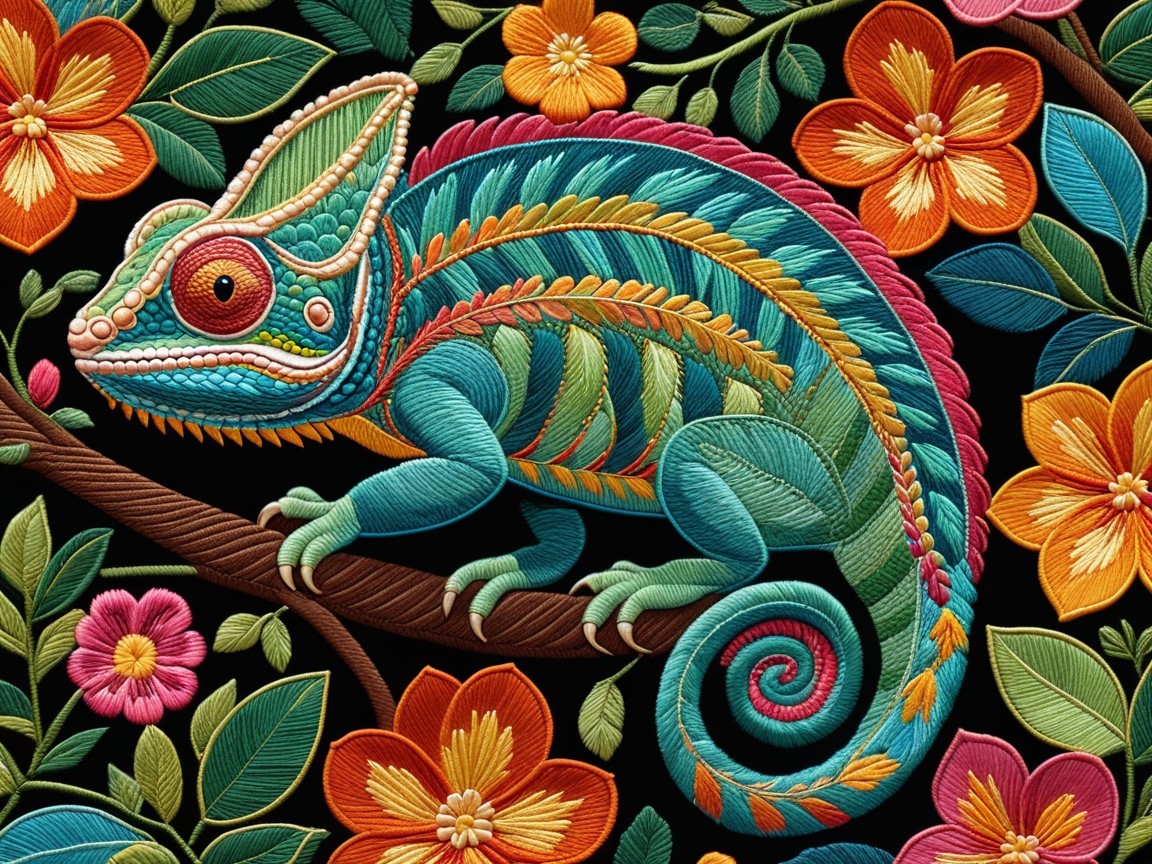 Vibrantly Embroidered Chameleon Among Colorful Flora