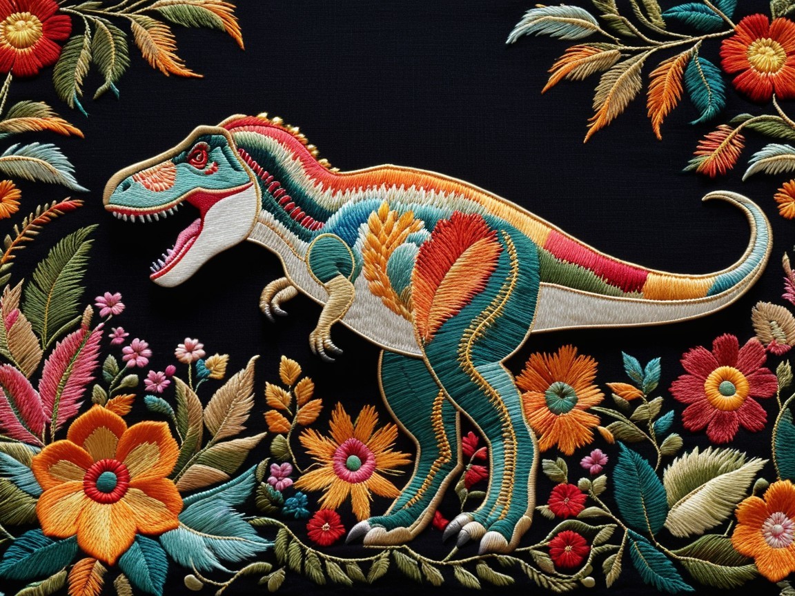 Colorful Dinosaur Embroidery with Floral Background