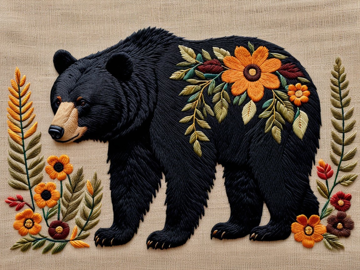 Embroidery of a bear with floral details in profile
