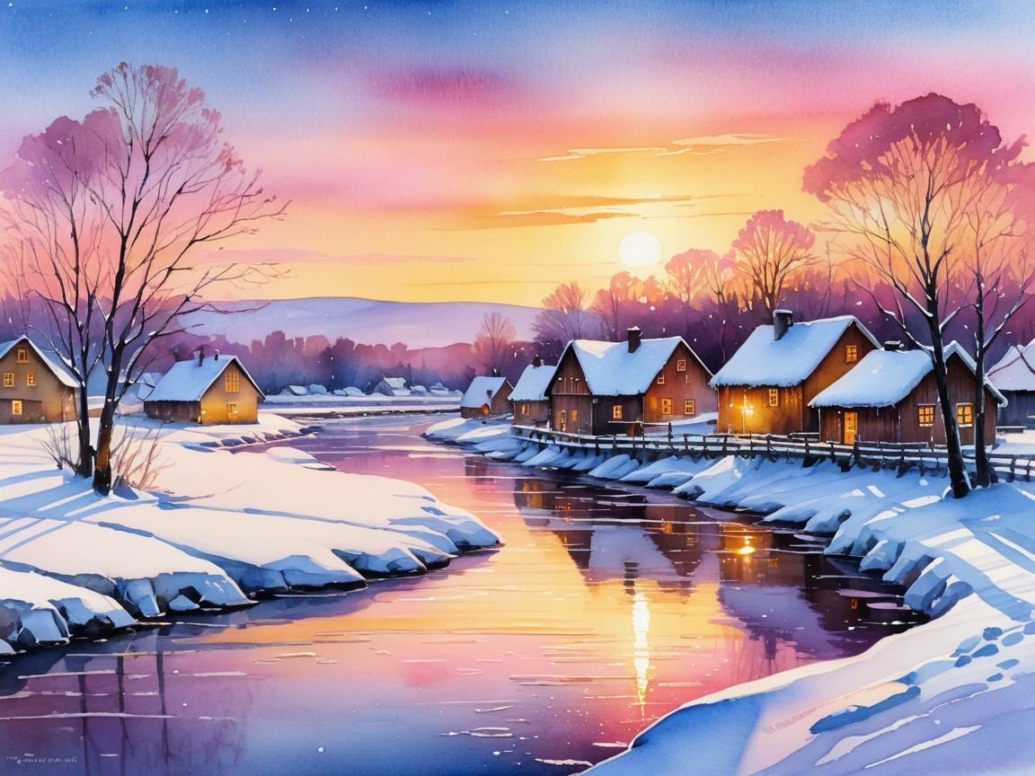 Winter Landscape with River and Sunset Hues