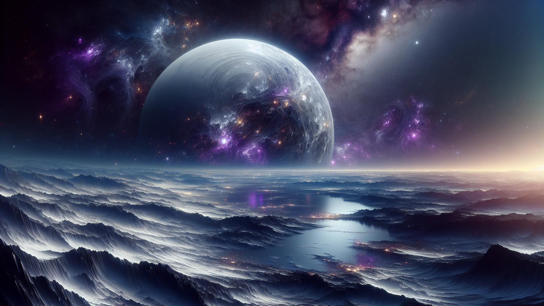 Cosmic Landscape with Glowing Planet and Tranquil Sea