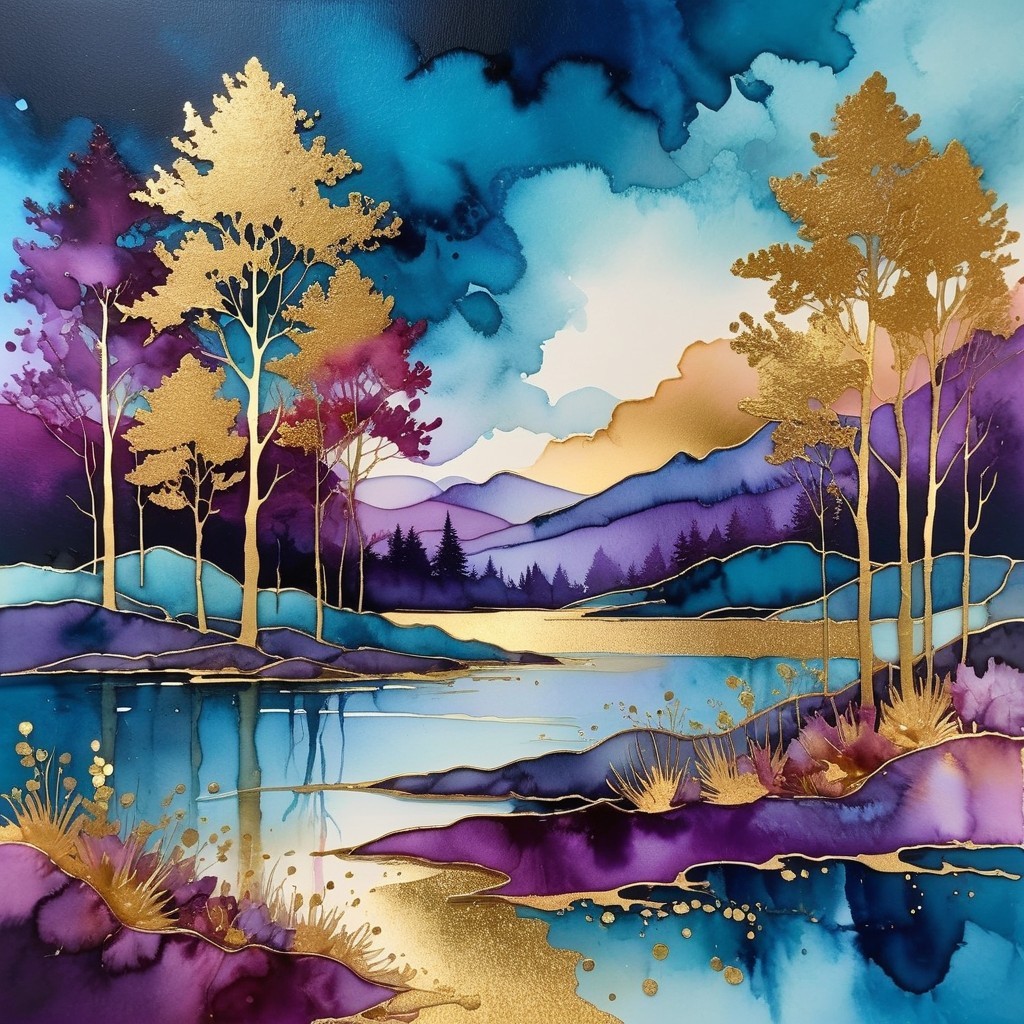 Vibrant Landscape with Trees, Lake, and Mountains