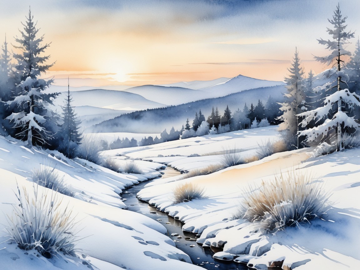 Serene Winter Landscape with Snowy Stream and Trees