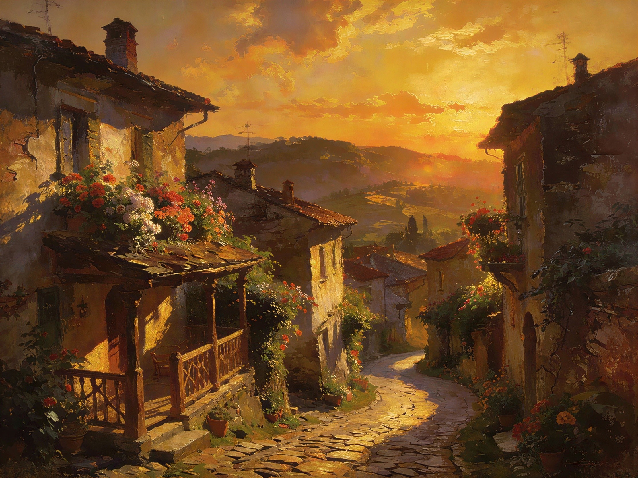 Sunset Over a European Village in Oil Painting