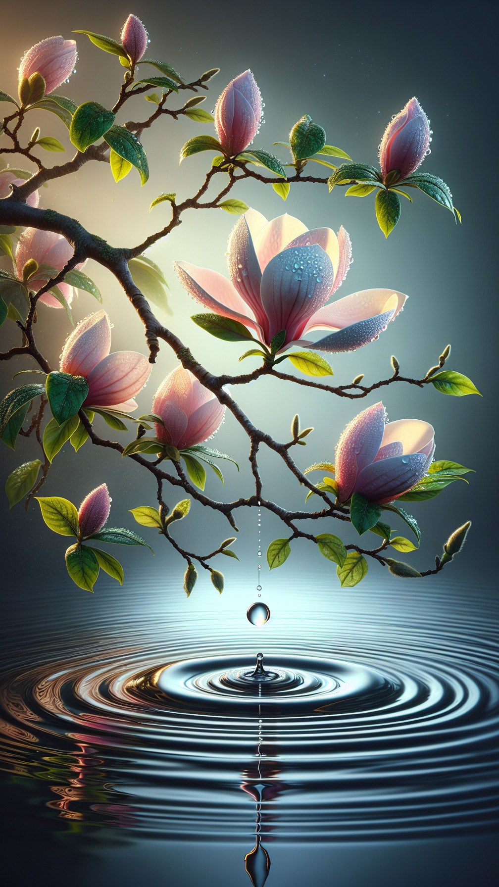 Delicate Pink Magnolia Flowers on a Calm Surface