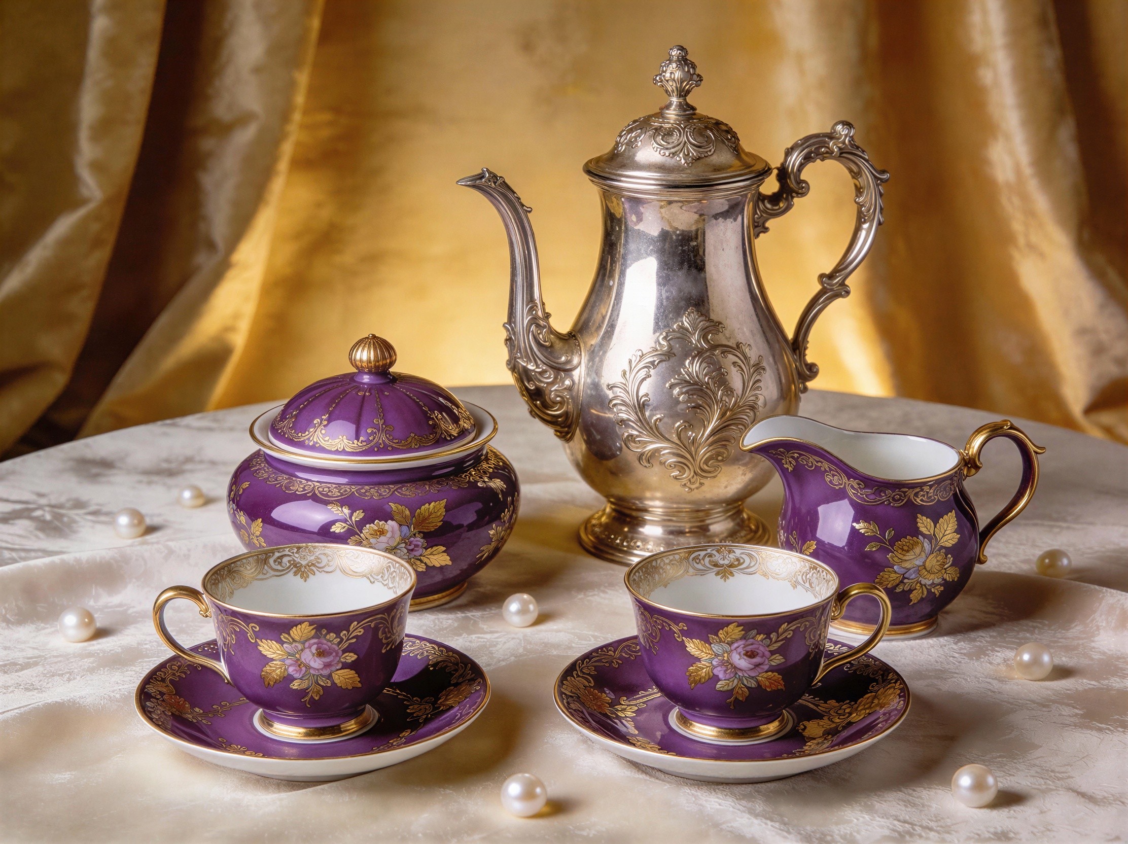 Ornate Silver Coffee Pot with Purple and Gold Accents