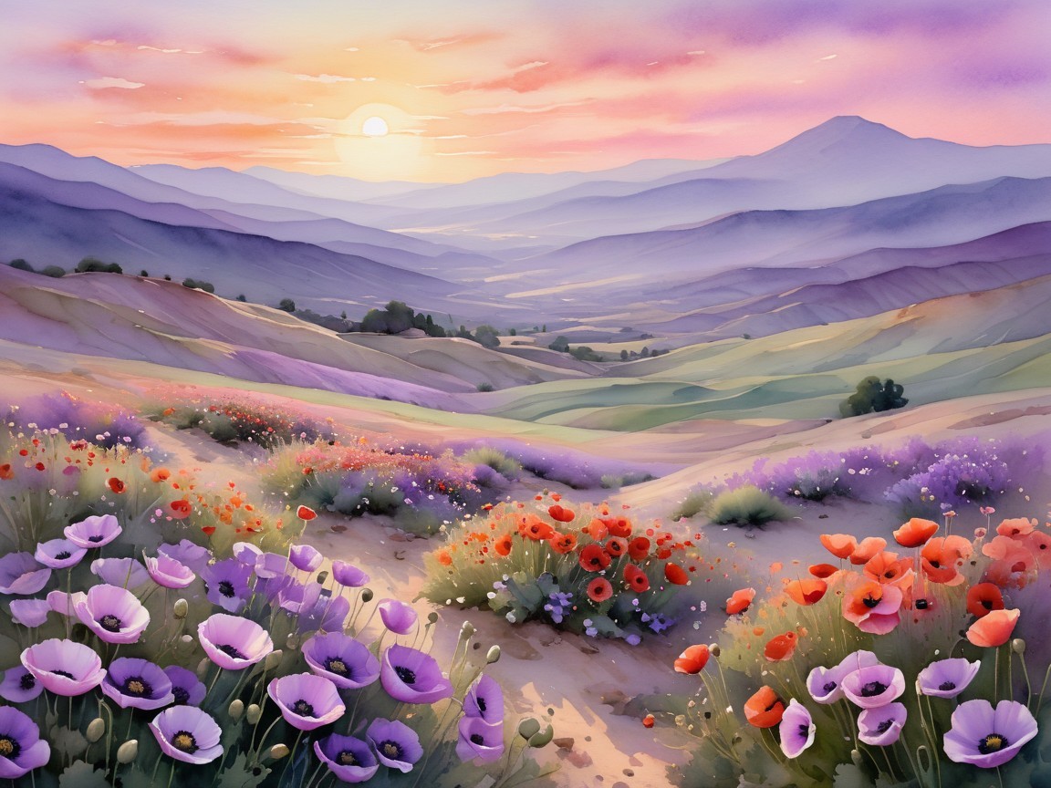 Serene Landscape at Sunset with Rolling Hills and Poppies