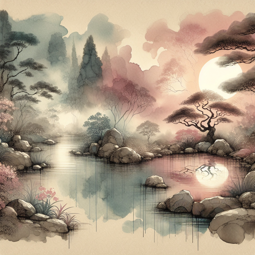 Tranquil Lake Landscape with Rolling Hills and Mist