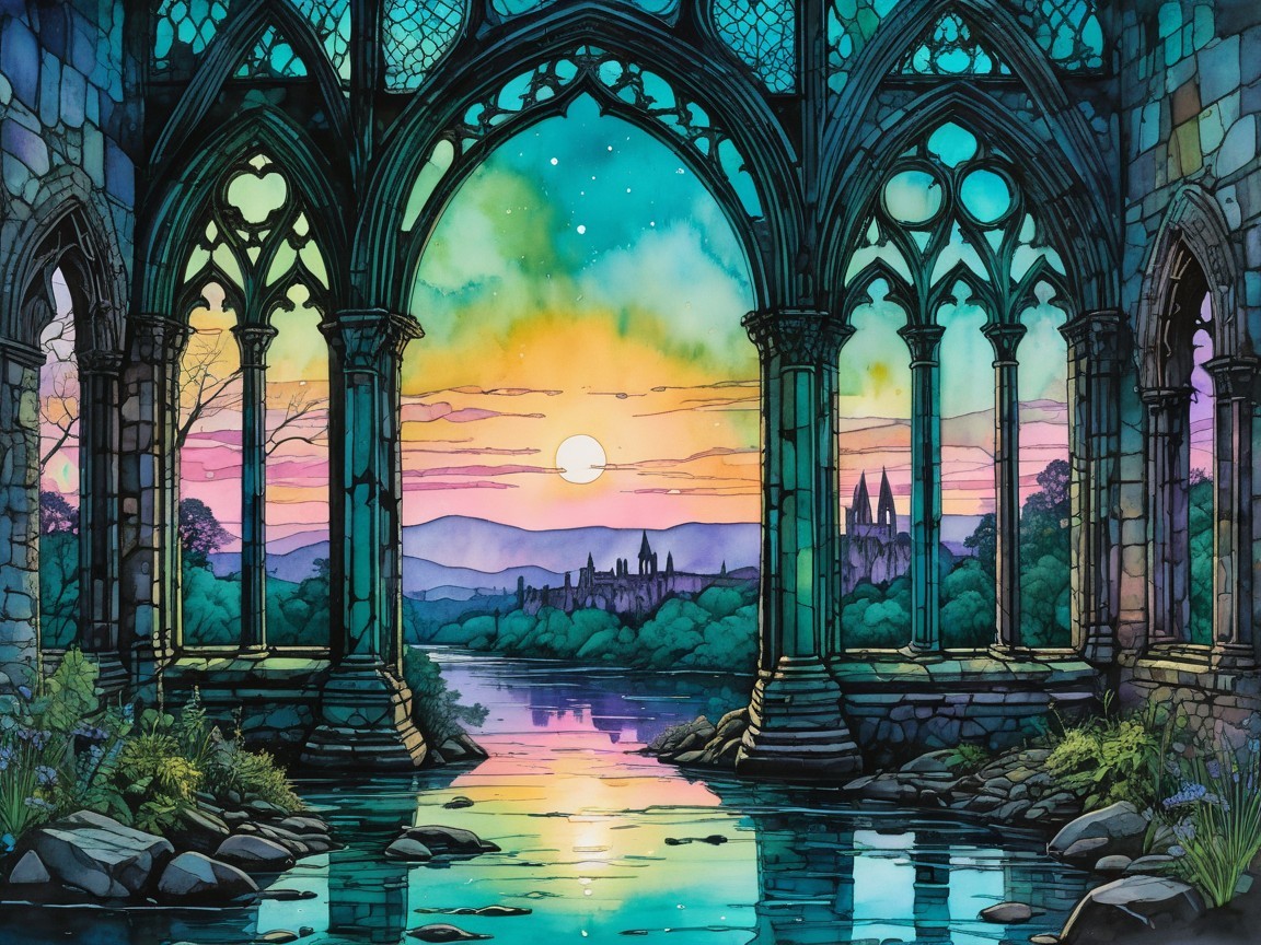 Watercolor Landscape at Sunset with Gothic Arches