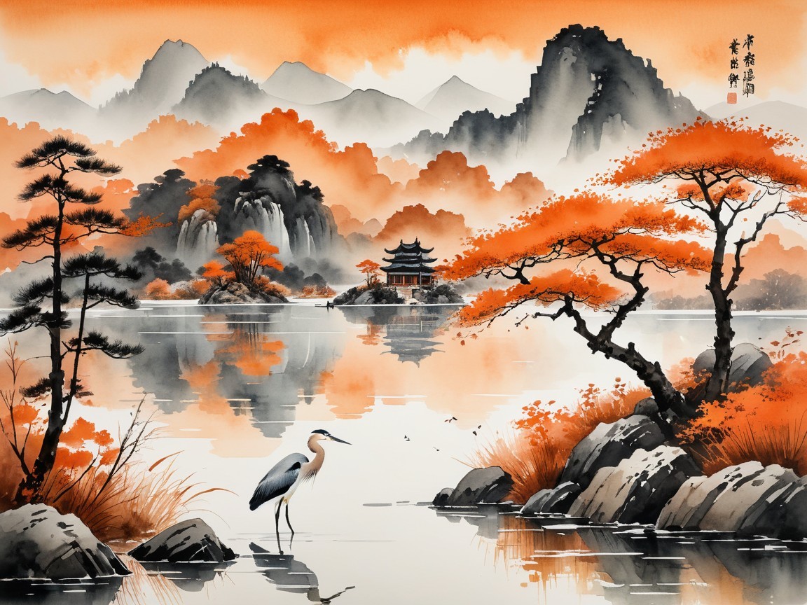 Serene landscape with sunset, lake, and mountains