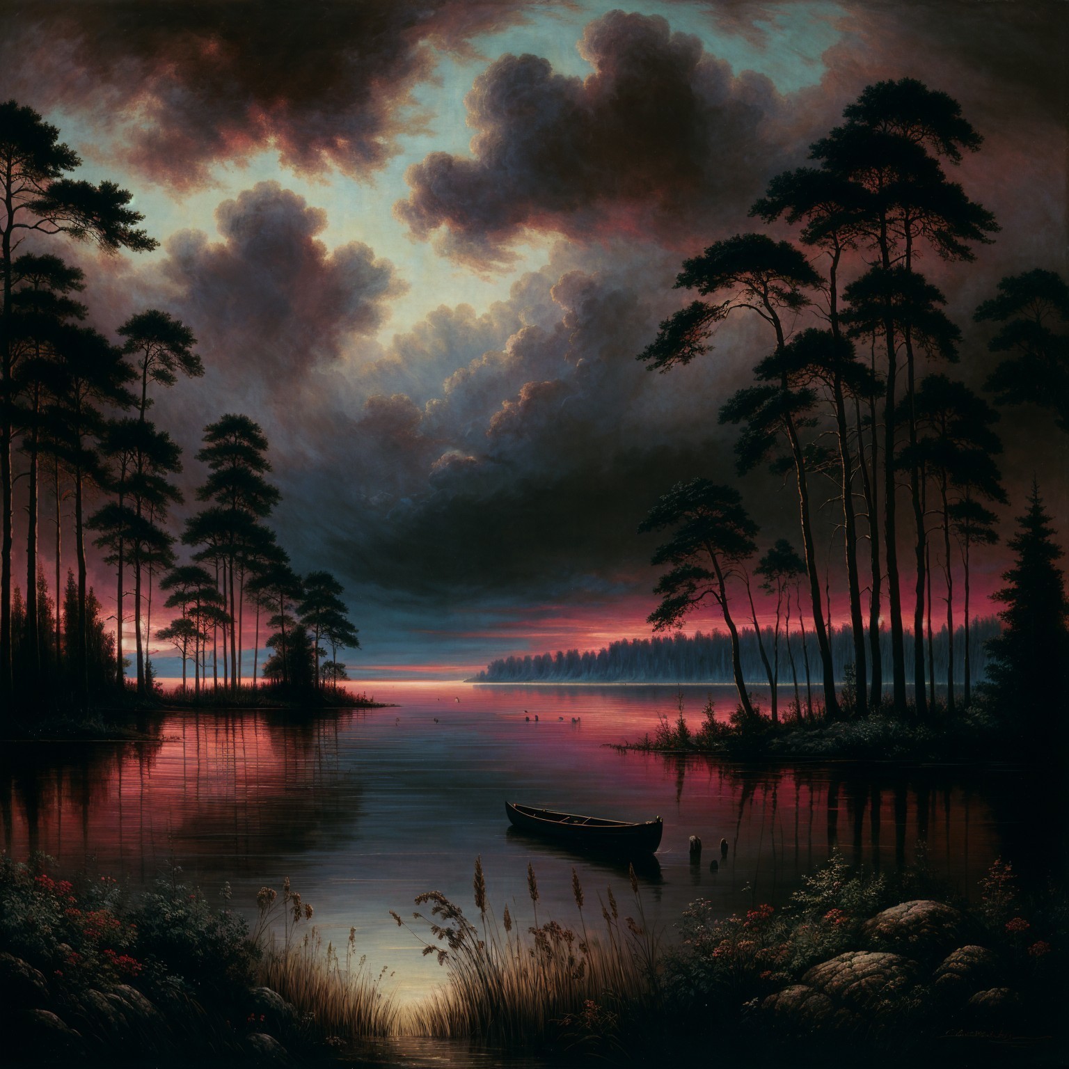 Twilight Landscape with Lake and Pine Trees