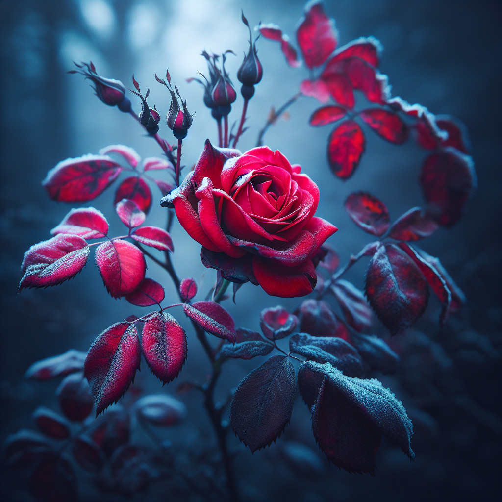 Vibrant Red Rose in Frosty Winter Landscape
