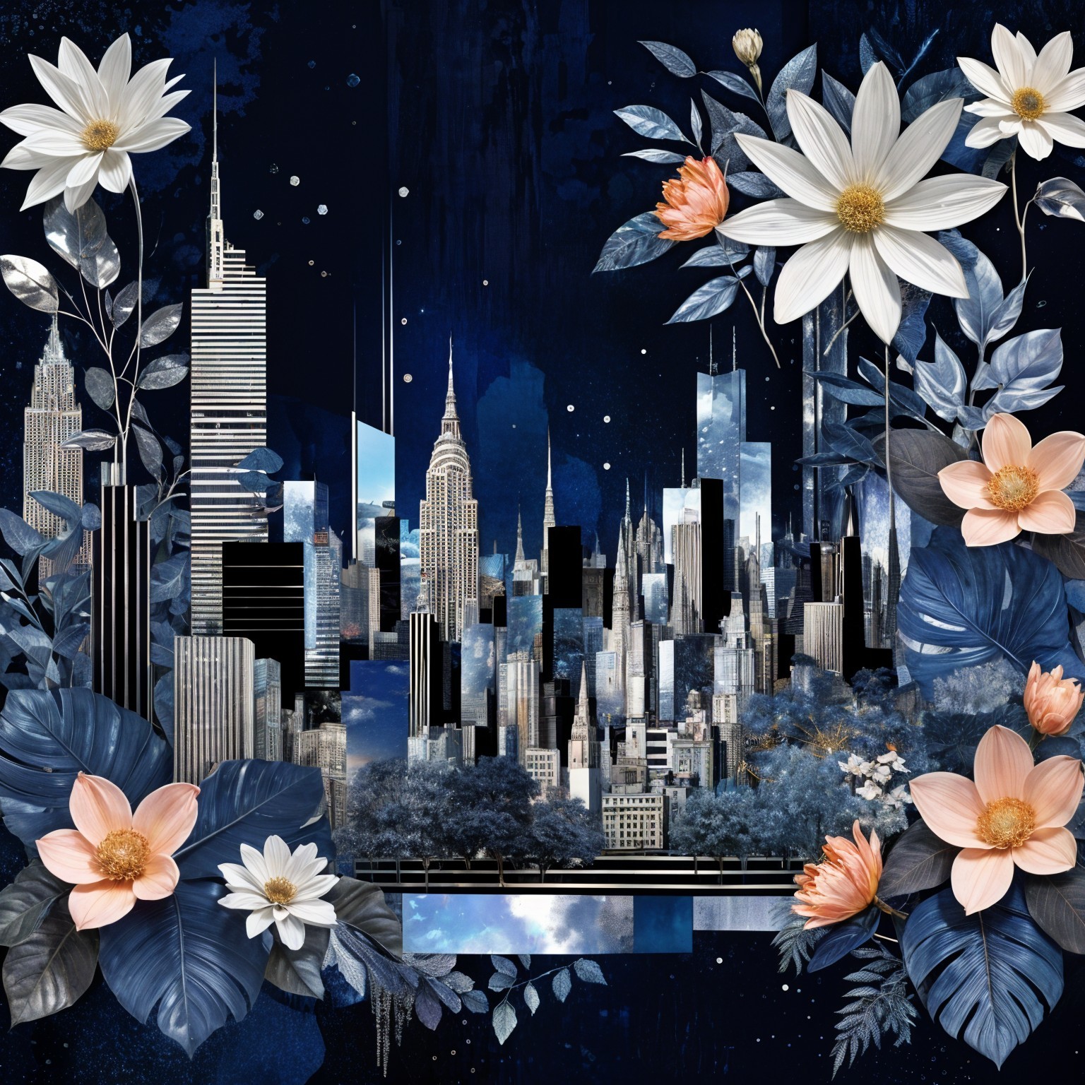 Cityscape with Skyscrapers and Floral Elements