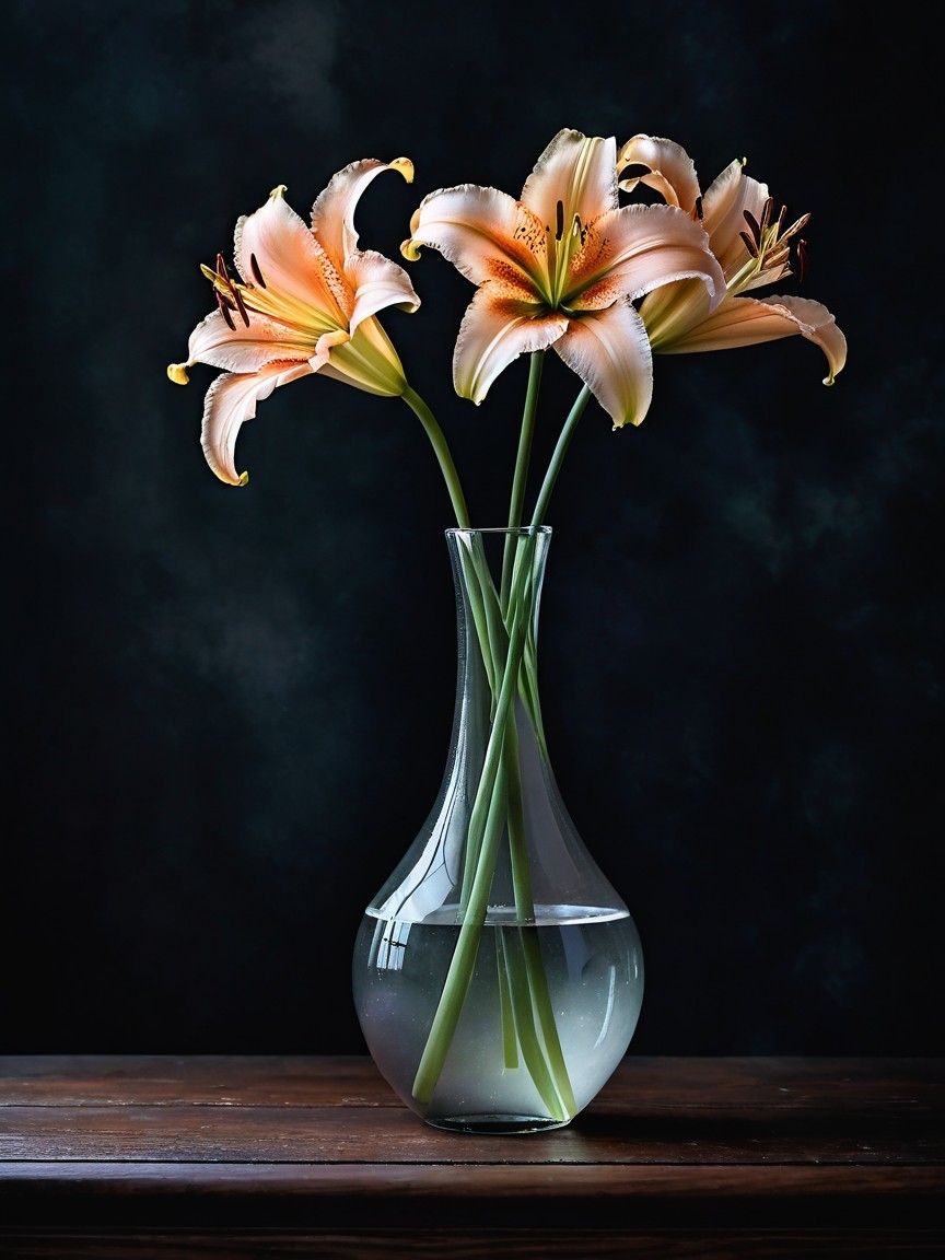 Peach-Colored Lilies in Transparent Vase Arrangement