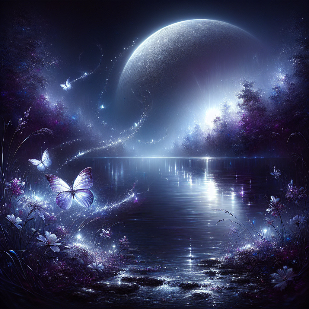 Otherworldly Landscape with Moon and Ethereal Butterflies