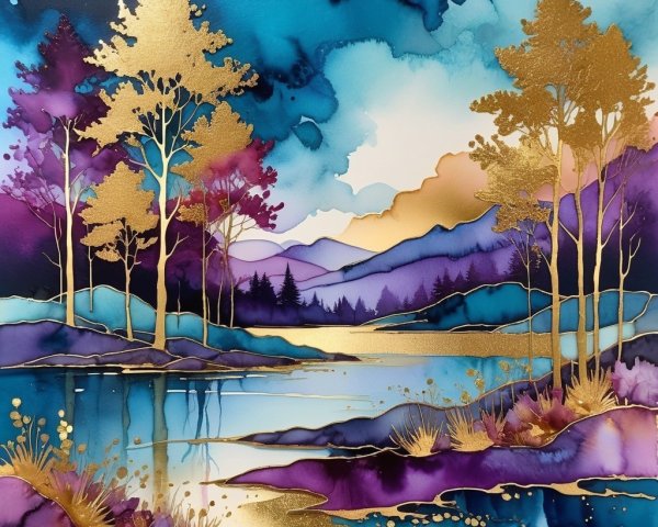 Vibrant Landscape with Trees, Lake, and Mountains