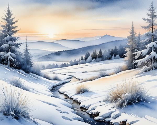 Serene Winter Landscape with Snowy Stream and Trees