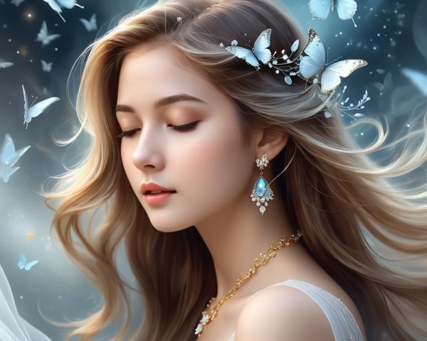 Serene Portrait of a Young Woman with Butterflies
