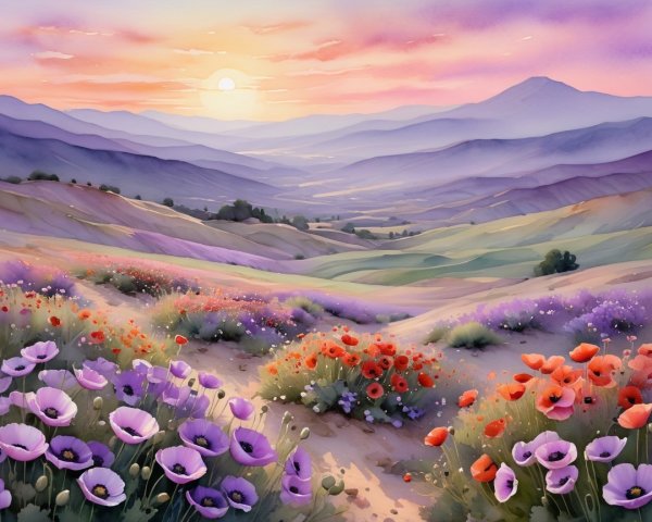 Serene Landscape at Sunset with Rolling Hills and Poppies