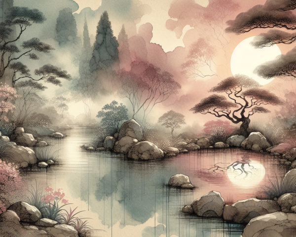 Tranquil Lake Landscape with Rolling Hills and Mist