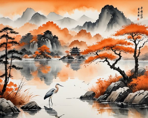 Serene landscape with sunset, lake, and mountains