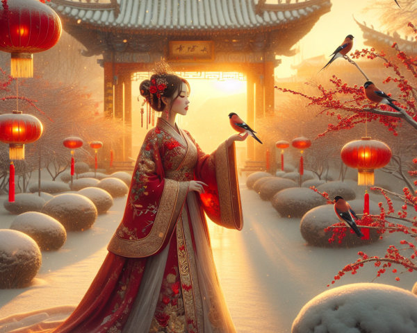 Chinese Woman in Traditional Dress in Snowy Garden