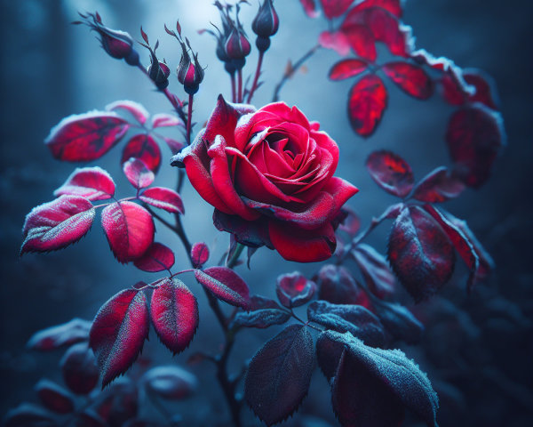 Vibrant Red Rose in Frosty Winter Landscape