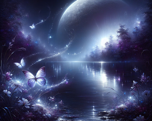 Otherworldly Landscape with Moon and Ethereal Butterflies