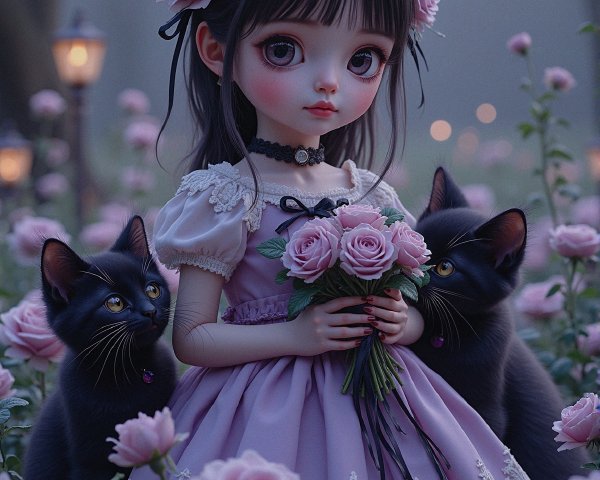Whimsical Scene of a Girl with Roses and Cats