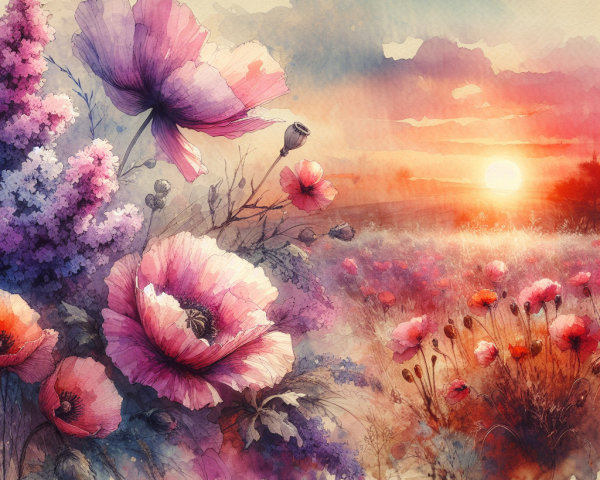Serene Watercolor Landscape with Vibrant Flowers and Sunset