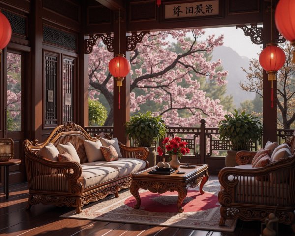 Traditional Interior with Ornate Furniture and Lanterns