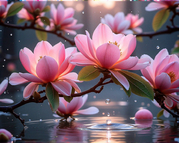 Blooming Pink Flowers Over Calm Water Surface